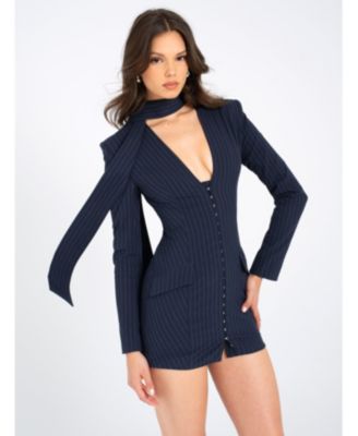  Tahlia Deep V Pinstripes Scarf Collar Blazer Dress