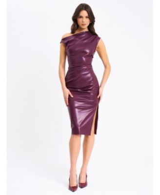  Sabina Faux Leather Slash Neck Midi Dress