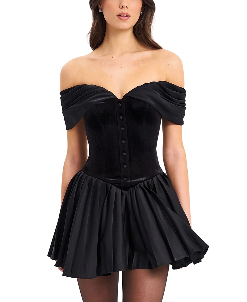 Miss Circle Echo Velvet Off Shoulder Pleated Mini Dress
