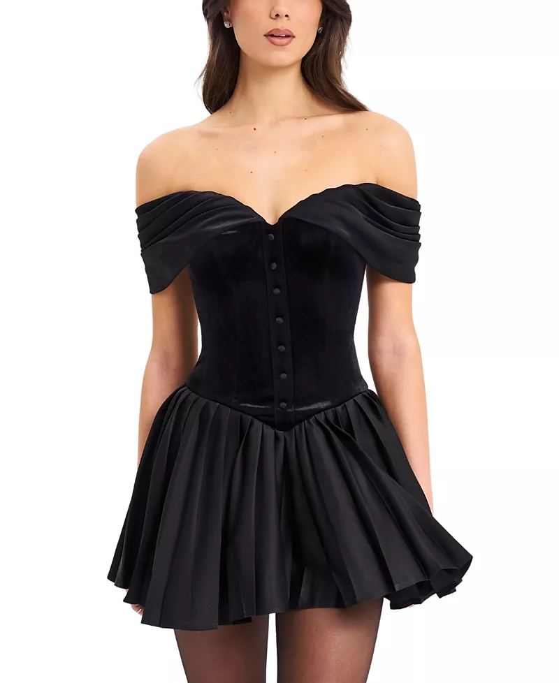 Miss Circle Echo Velvet Off Shoulder Pleated Mini Dress