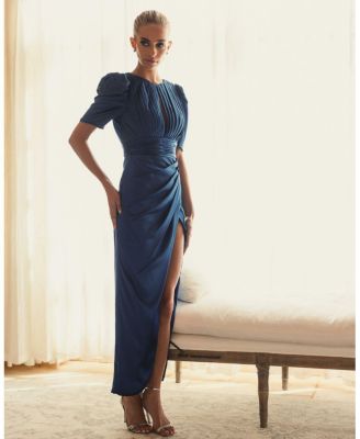 Puff Sleeve Pleated Bodice Draped Gown