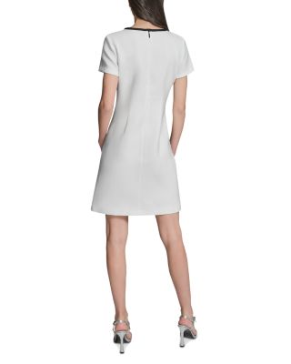 Contrast Framing Bow Short Sleeve Summer Tweed Shift Dress