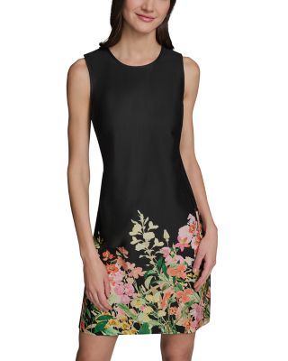 Floral Border Print Sleeveless Cotton Sateen Shift Dress