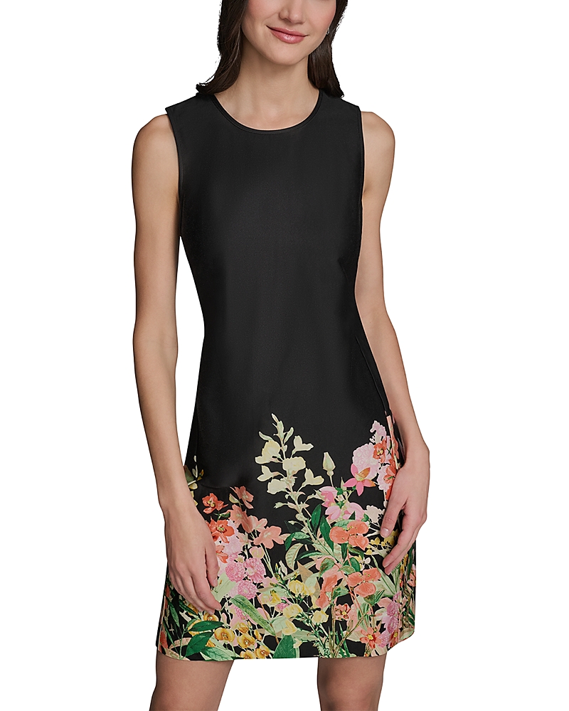 Karl Lagerfeld Paris Floral Border Print Sleeveless Cotton Sateen Shift Dress