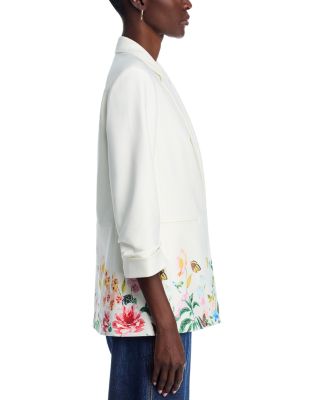 Printed Notch Collar Open Front Seamed Scrunch Sleeve Blazer