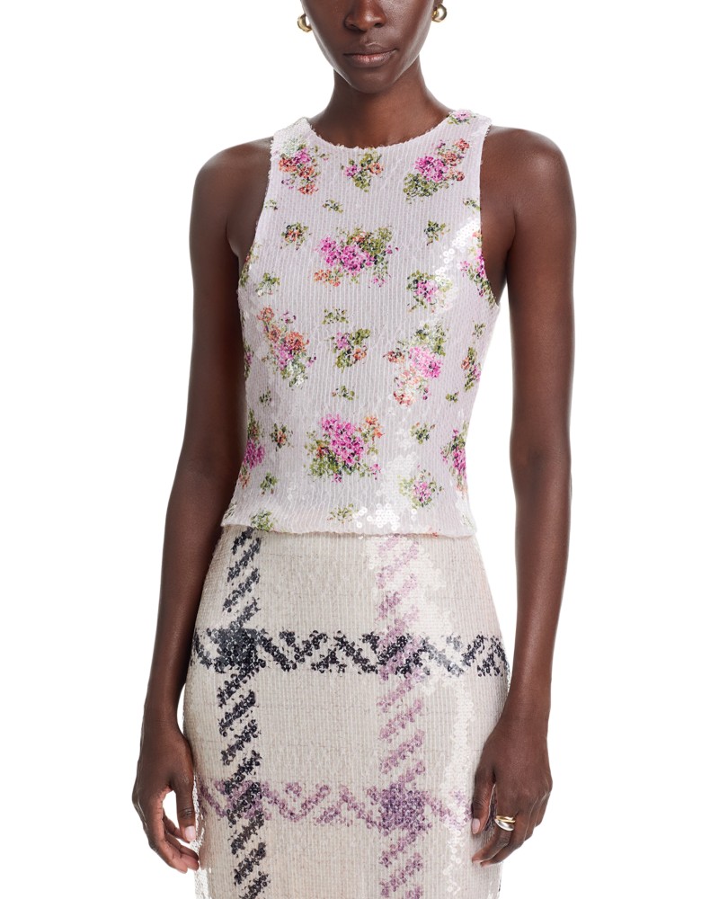 Brandon Maxwell Noemi Paillette Tank in Pink Floral / Oatmeal