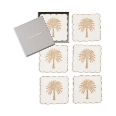 Date Palm Cocktail Napkins in White, Brown & Gold, Set of 6 in a Gift Box