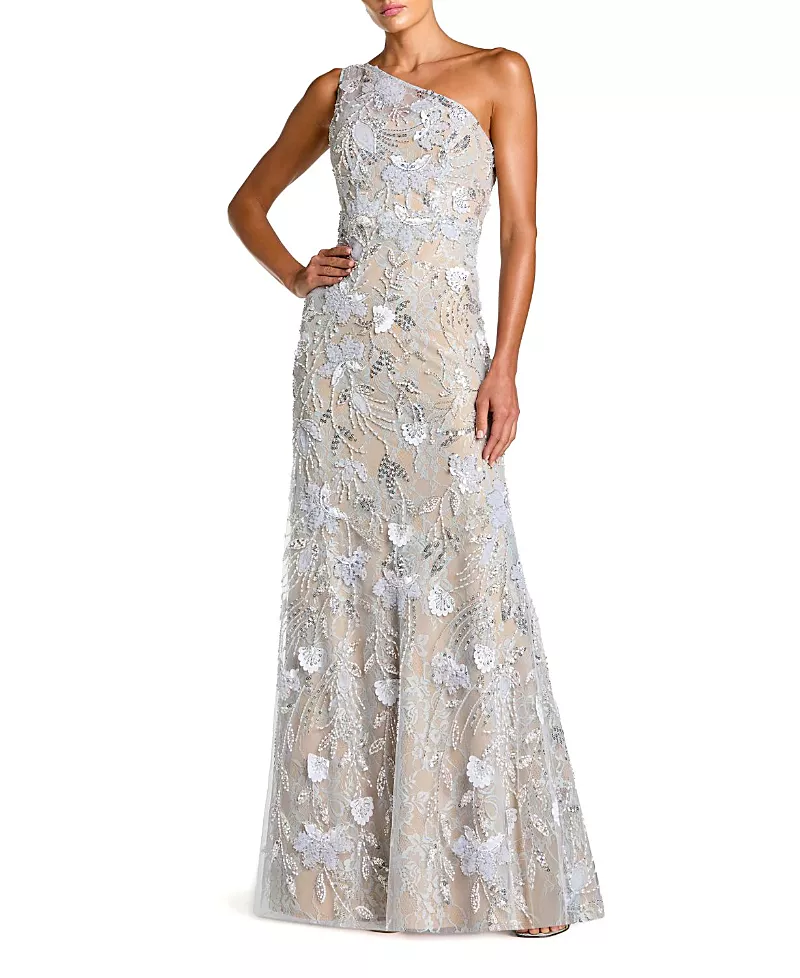 Mac Duggal One Shoulder Embellished Lace Trumpet Gown