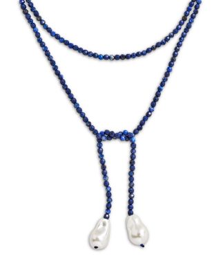 Imitation Pearl Lapis Lazuli Beaded Wrap Necklace, 50"