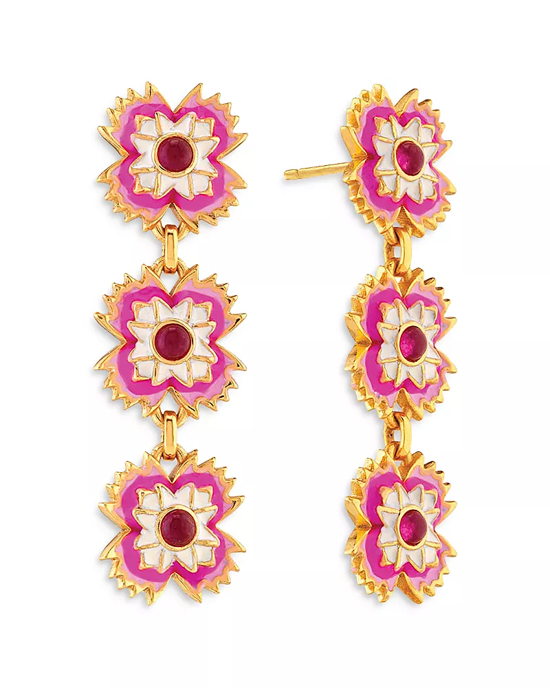 Capucine De Wulf Dianthus Enamel and Pink Jade Drop Earrings