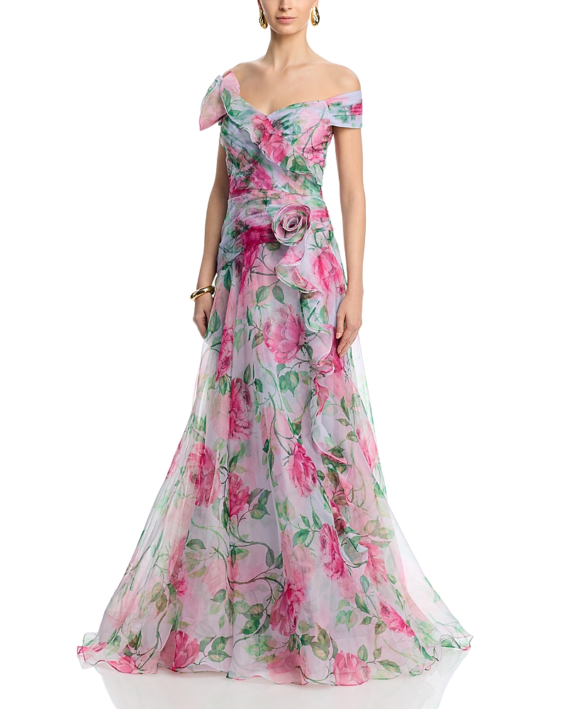 Teri Jon by Rickie Freeman Organza Ruffled Rosette Gown