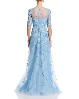 Embroidered Tulle Elbow Sleeve Gown