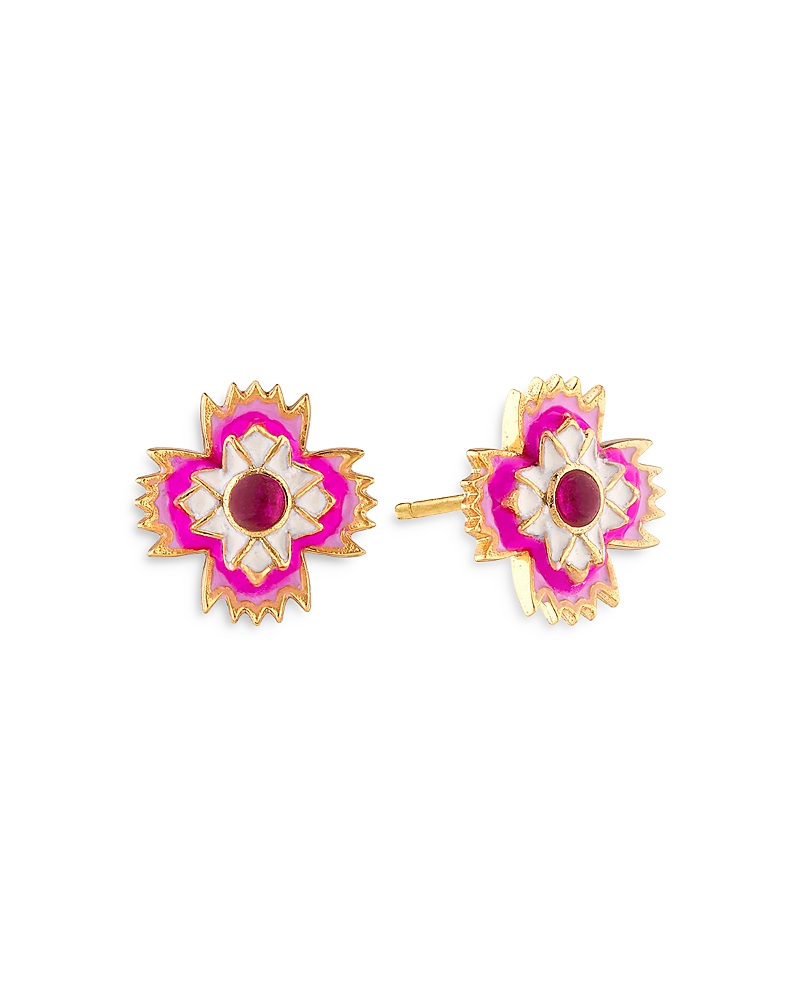 Capucine De Wulf Dianthus Enamel and Pink Jade Stud Earrings