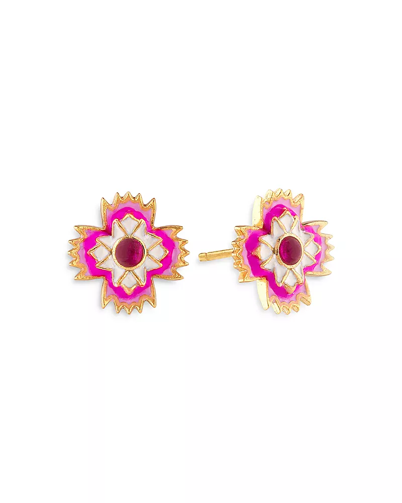 Capucine De Wulf Dianthus Enamel and Pink Jade Stud Earrings