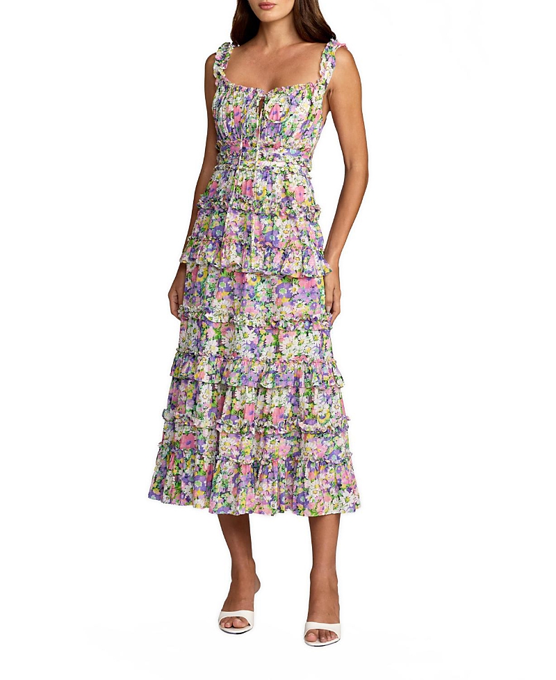 Mac Duggal Floral Ruffle A-Line Cotton Midi Dress