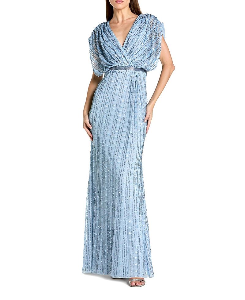Mac Duggal Beaded Mesh Blouson V Neck Column Gown