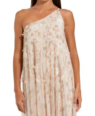  Floral Embellished Mesh One Shoulder Kaftan Gown