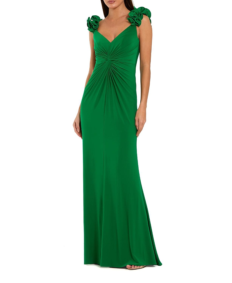 Mac Duggal Jersey V Neck Gown with 3D Flower Straps