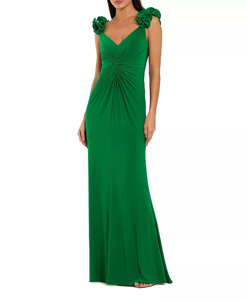 Mac Duggal Jersey V Neck Gown with 3D Flower Straps