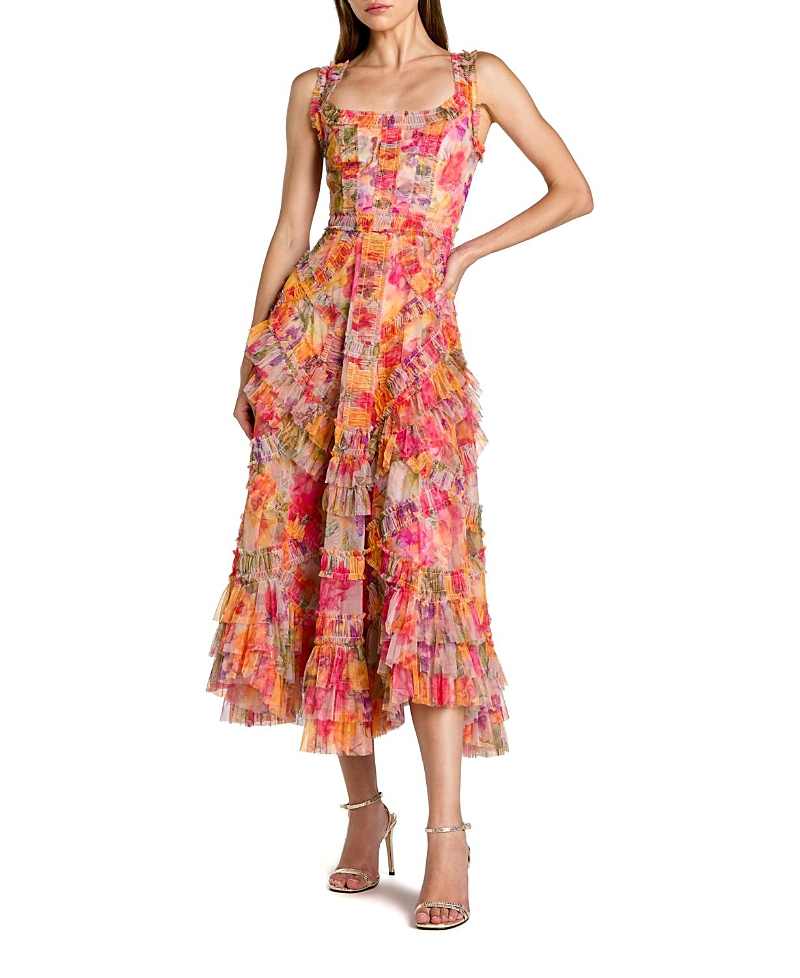 Mac Duggal Floral Scoop Neck A-Line Ruffle Midi Dress