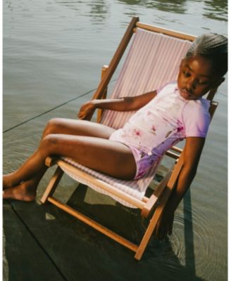 Girls' One-Piece Short Sleeve Flower Swimsuit - Little Kid