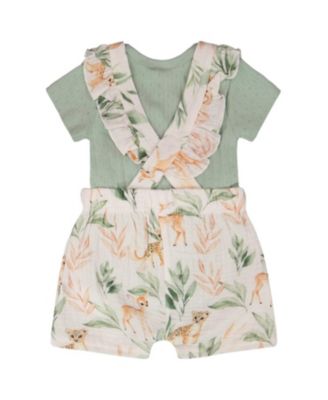 Girls' Pointelle Onesie and Cotton Muslin Peach Deer Printed Shortall Set - Baby
