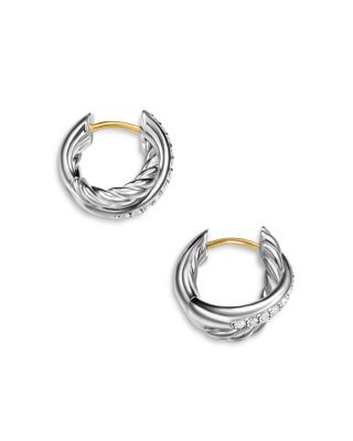 Crossover Huggie Hoop Earrings in Sterling Silver with Diamonds, 12.4mm