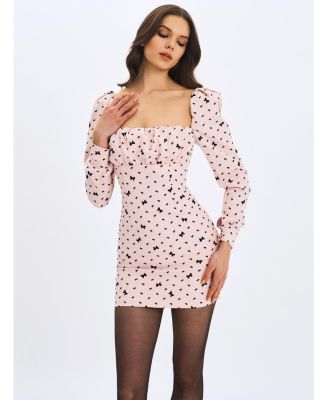  Perla Ruched Bust Velvet-Embossed Bow Mini Dress