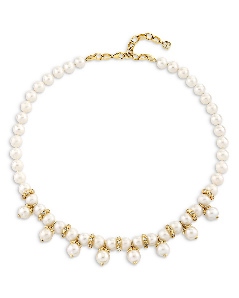 Sydney Evan 14K Yellow Gold The Solara Freshwater Pearl & Diamond Dangle Collar Necklace, 14.5
