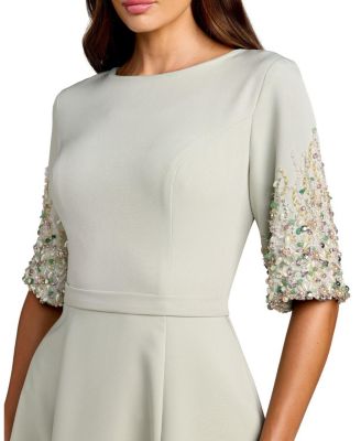  Crepe A Line Midi Dress with Beaded Sleeves