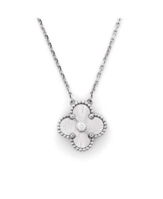 Vintage-Like Alhambra Pendant Necklace Guilloche 18K White Gold with Diamond, 18.25"