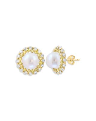 Pearl Spring Freshwater Pearl, Yellow Diamond & White Diamond Halo Stud Earrings in 14K Yellow Gold