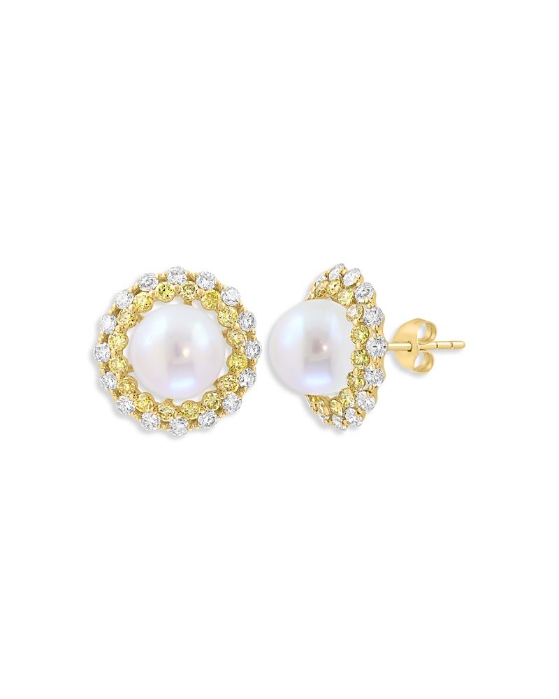 Bloomingdale's Fine Collection Pearl Spring Freshwater Pearl, Yellow Diamond & White Diamond Halo Stud Earrings in 14K Yellow Gold