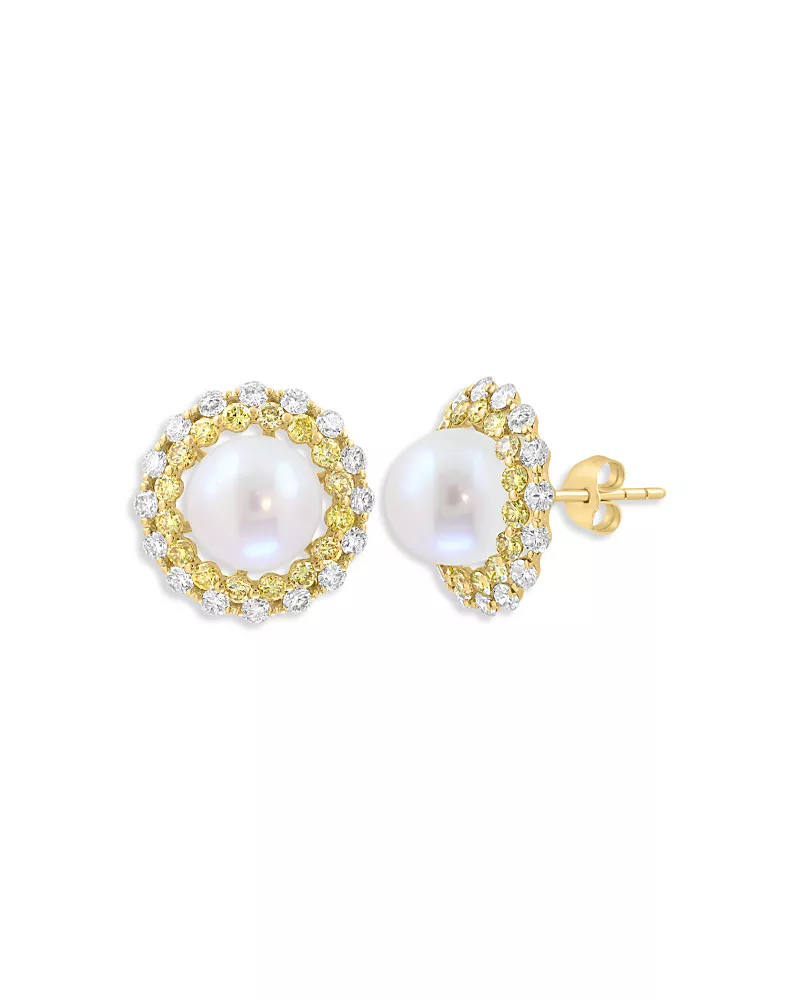 Bloomingdale's Fine Collection Pearl Spring Freshwater Pearl, Yellow Diamond & White Diamond Halo Stud Earrings in 14K Yellow Gold