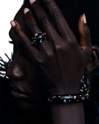 18K Yellow Gold Kashmir Ruby, Turquoise & Diamond Brauna Wood Hoop Earrings