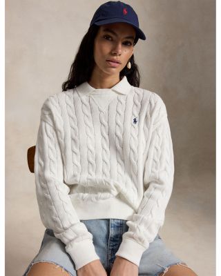 Cable Knit Cotton Polo Collar Sweater