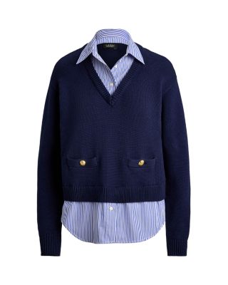 Layered Button Trim Cotton Sweater