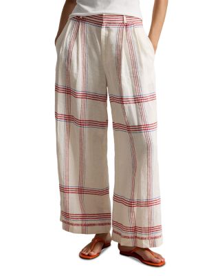 Plaid Linen Wide Leg Cropped Pants