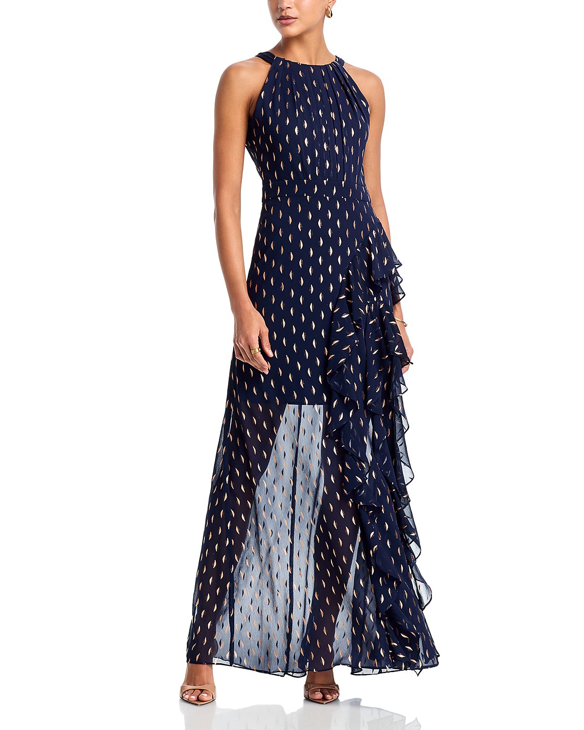 Aqua Metallic Crescent Chiffon Ruffle Gown - Exclusive
