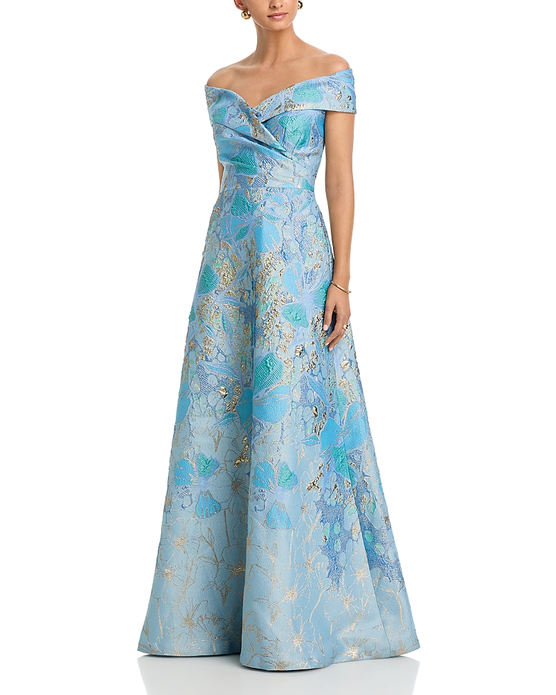 Teri Jon by Rickie Freeman Off-the-Shoulder Portrait Side Drape A Line Skirt Gown