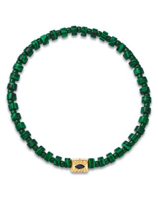 14K Yellow Gold Blue Sapphire Eye Ingot Malachite Bead Bracelet