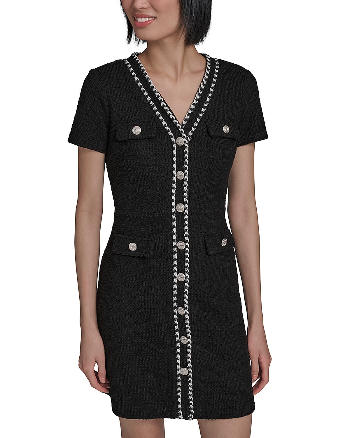 Karl Lagerfeld Paris Beaded Trim Knit Tweed Sheath Dress