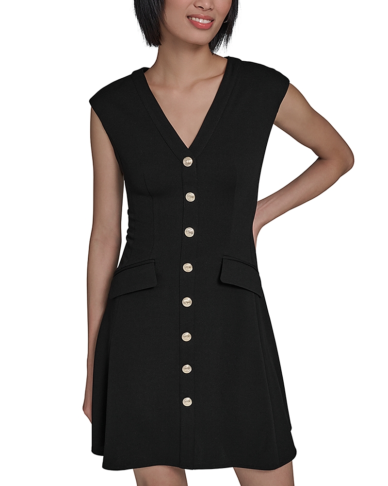 Karl Lagerfeld Paris V Neck Button Front Fit And Flare Dress Karl Lagerfeld Paris V Neck Button Front Fit And Flare Dress