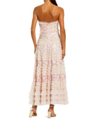  Floral Embroidered Strapless Ruffle Midi Dress