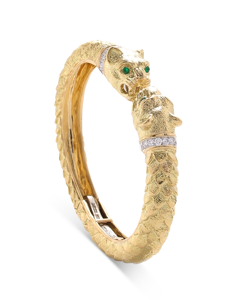 David Webb David Web Platinum & 18k Yellow Gold Kingdom Diamond & Emerald Greek Lion Cuff Bracelet