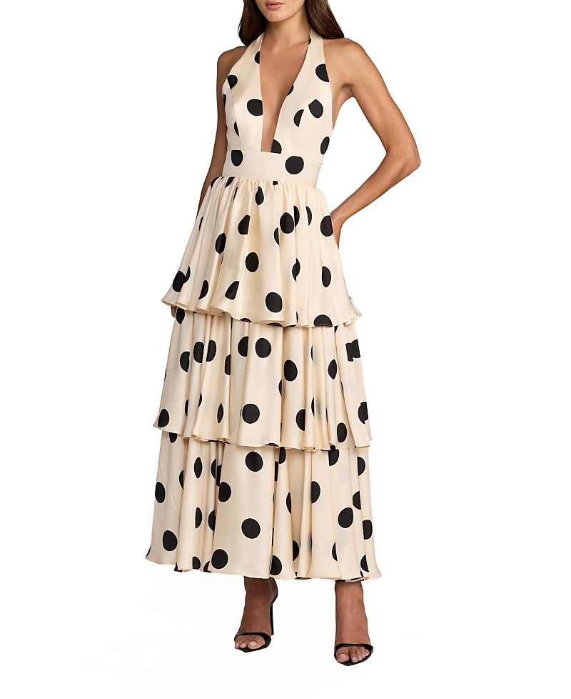 Mac Duggal Halter Neck Polka Dot Ruffle Maxi Dress