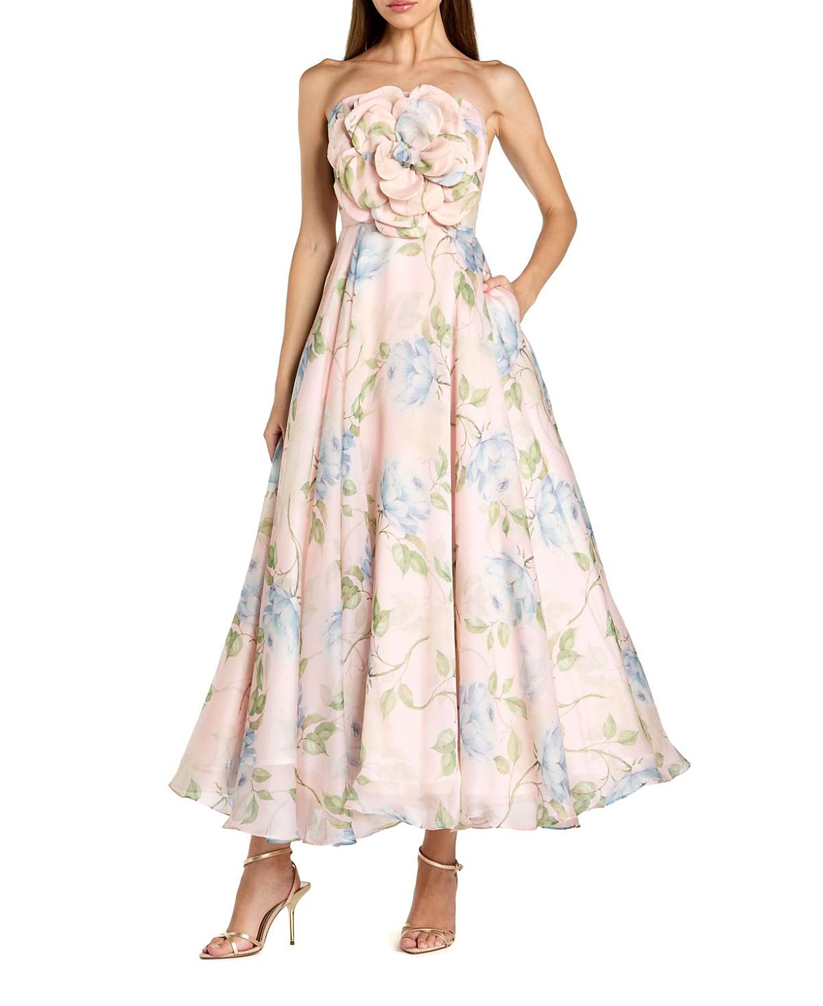 Mac Duggal Strapless Floral Organza Midi Dress with Flower