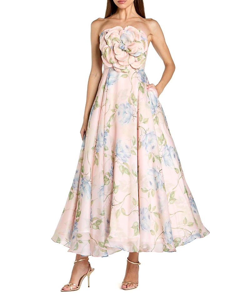Mac Duggal Strapless Floral Organza Midi Dress with Flower