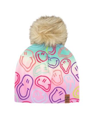  Girls' Stretch Jersey Hat Printed Smileys with Pompom - Baby