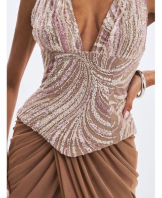  Nancie Beaded Halter Peplum Pleated Maxi Dress